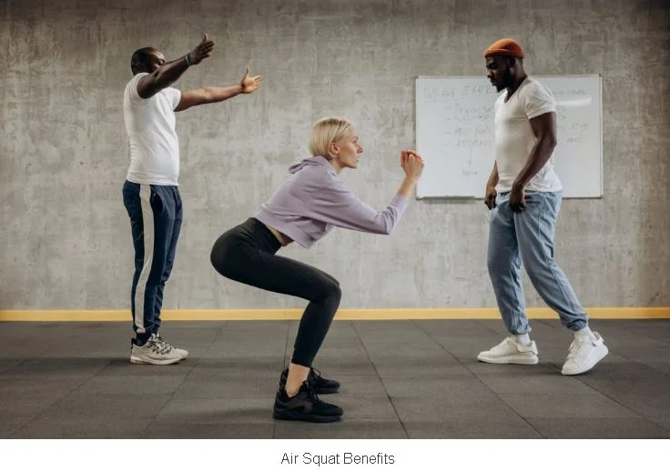 A blonde woman performing a deep bodyweight squat between two male fitness trainers in a gym or studio setting with a whiteboard in the background.