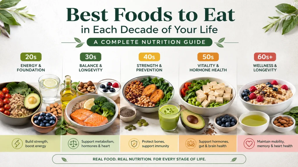 Healthy foods for every stage of life arranged by decade, featuring nutrient-rich meals including fruits, vegetables, salmon, whole grains, legumes, nuts, avocado, leafy greens, and yogurt in a professional nutrition guide infographic titled "Best Foods to Eat in Each Decade of Your Life.