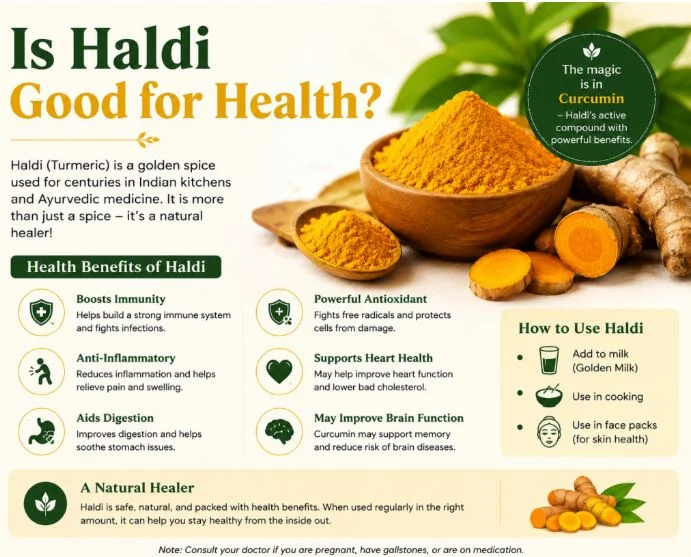 Is Haldi Good for Health, ''A bowl of ground golden turmeric powder next to fresh turmeric roots, featuring the text "Is Haldi Good for Health? The magic is in Curcumin — Haldi's active compound with powerful benefits."