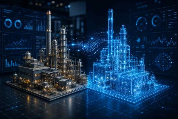A futuristic digital twin concept showing a glowing blue virtual model of an industrial factory or smart city layout on a dark background.