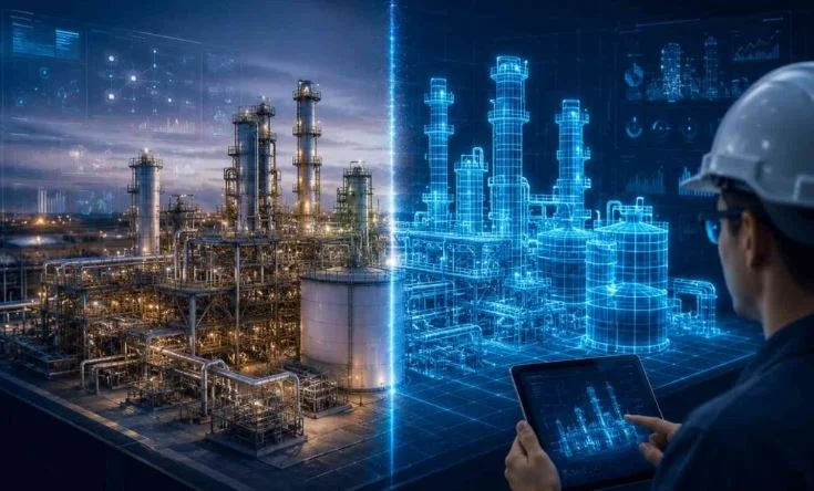 A side-by-side comparison showing a real-world industrial chemical plant on the left and its glowing blue 3D digital twin virtual model on the right, with an engineer holding a tablet.