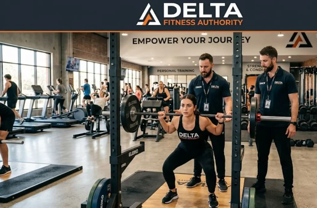 A professional personal training session at Delta Fitness Authority gym, showing a female athlete performing a barbell squat with two expert coaches spotting her in a modern, fully-equipped fitness facility.