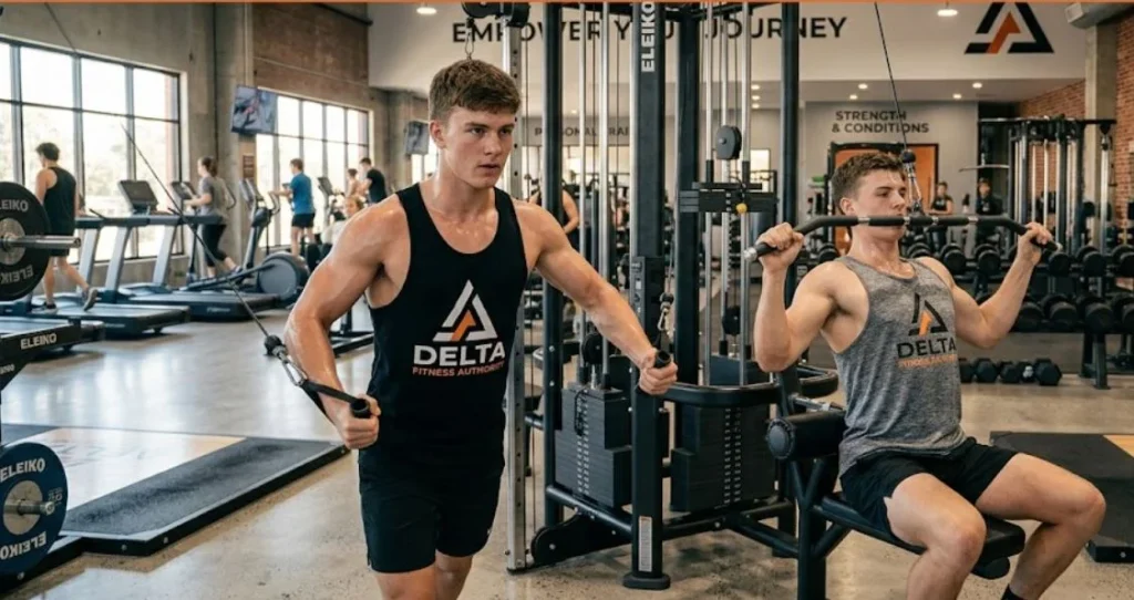 Two young men performing strength training exercises in the main weight room of a Delta Fitness Authority gym. On the left, a man in a black tank top uses a cable crossover machine, and on the right, a seated man in a grey tank top performs lat pulldowns. Both wear branded apparel in front of various gym equipment, large windows, and a "DELTA FITNESS AUTHORITY" logo wall banner.