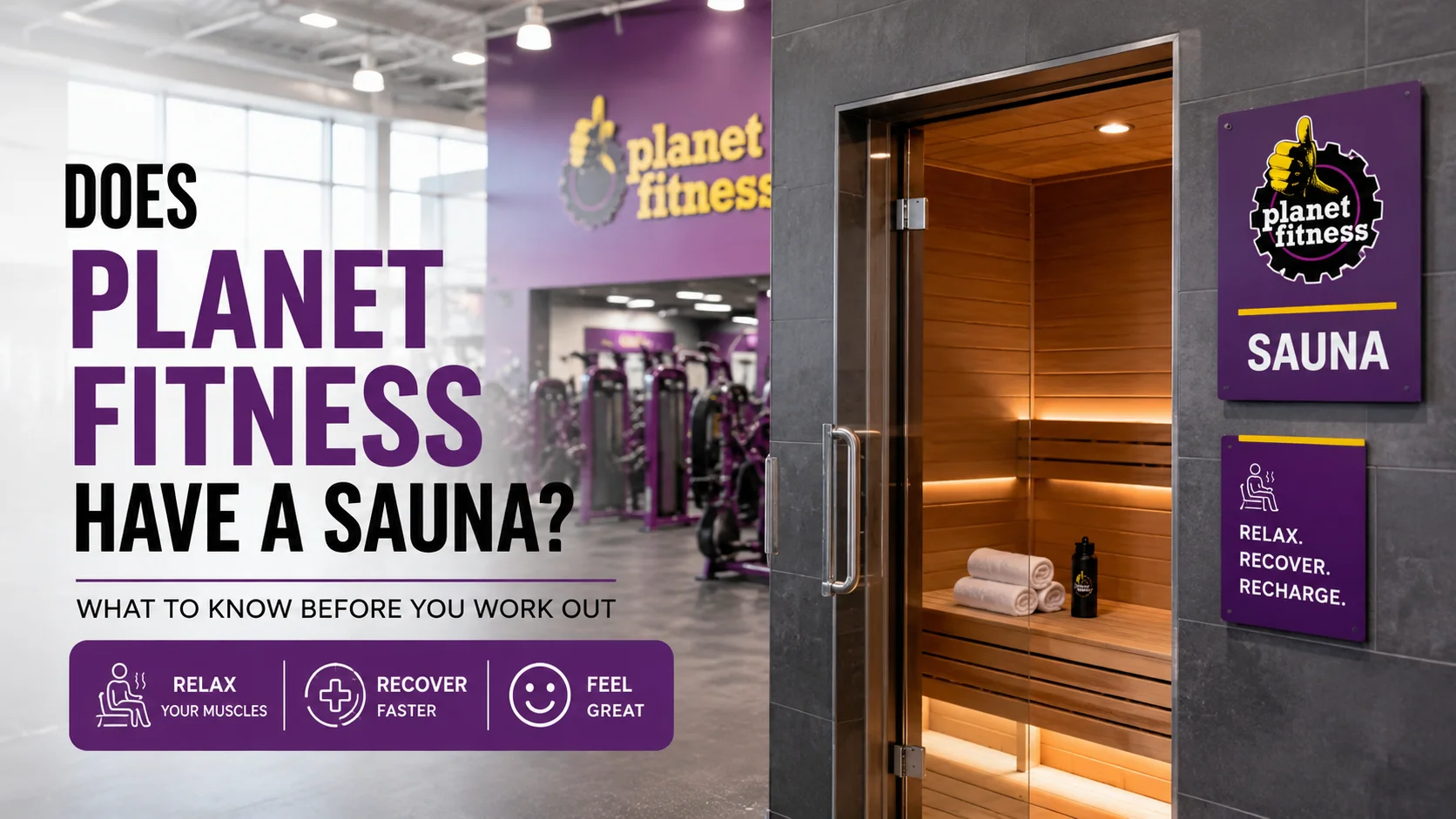 Professional website feature image showing a modern gym with a luxury sauna, illustrating the topic "Does Planet Fitness Have a Sauna?" with a bright, clean fitness environment and wellness-focused design.