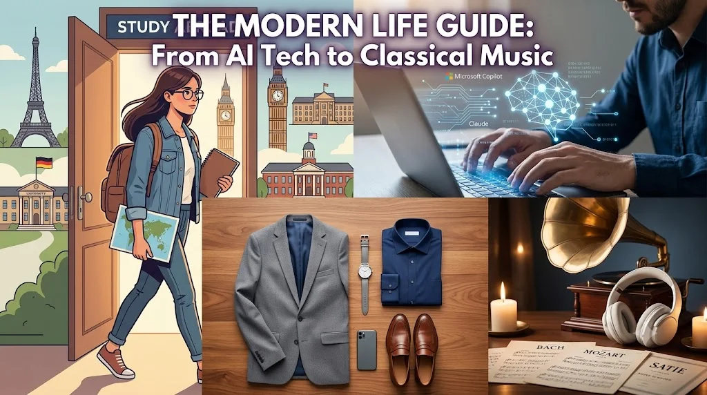 the modren life guide, A multi-panel collage representing a modern lifestyle guide. The top-left panel shows a stylized illustration of a woman with a backpack and map walking through an open door toward landmarks like the Eiffel Tower and Big Ben, symbolizing studying abroad. The top-right panel features a close-up of hands typing on a laptop with a glowing digital brain overlay, representing AI technology. The bottom-left panel displays a neatly arranged flat-lay of professional male workplace attire, including a grey blazer, blue shirt, shoes, and a watch. The bottom-right panel highlights classical music with a vintage gramophone, modern headphones, burning candles, and sheet music by Bach, Mozart, and Satie.