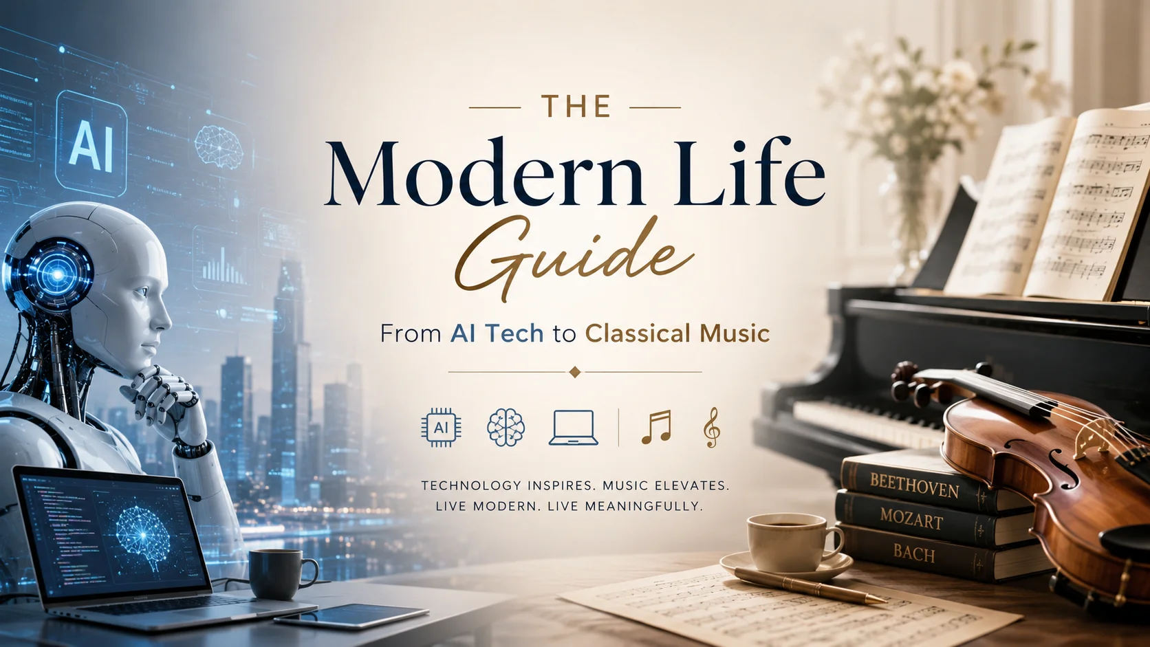 Modern lifestyle banner featuring an AI robot with digital technology on one side and a piano, violin, and classical music books on the other, symbolizing the connection between AI innovation and classical music in modern life."