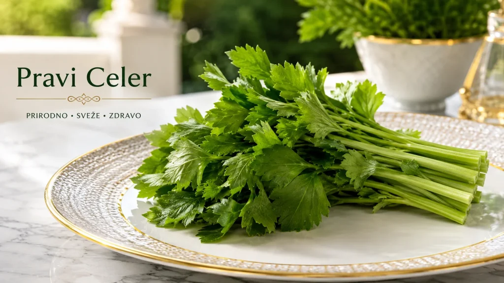 "Fresh Pravi Celer herb beautifully arranged on a luxury white plate with gold trim in natural daylight, showcasing vibrant green leaves for a healthy food and herbal nutrition website feature image.