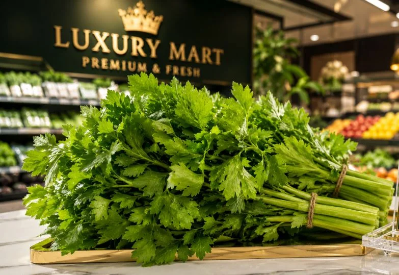 Fresh Pravi Celer herb displayed for sale in a luxury supermarket on a premium produce counter, showcasing vibrant green leaves under bright natural-style lighting in a high-end grocery setting.