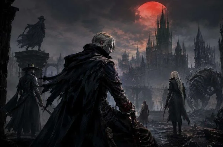 Dark fantasy concept art of armored warriors standing in a ruined, gothic stone courtyard under a gloomy sky.