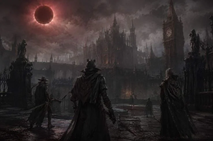 Duskbloods, Dark, gothic scene with ominous figures.