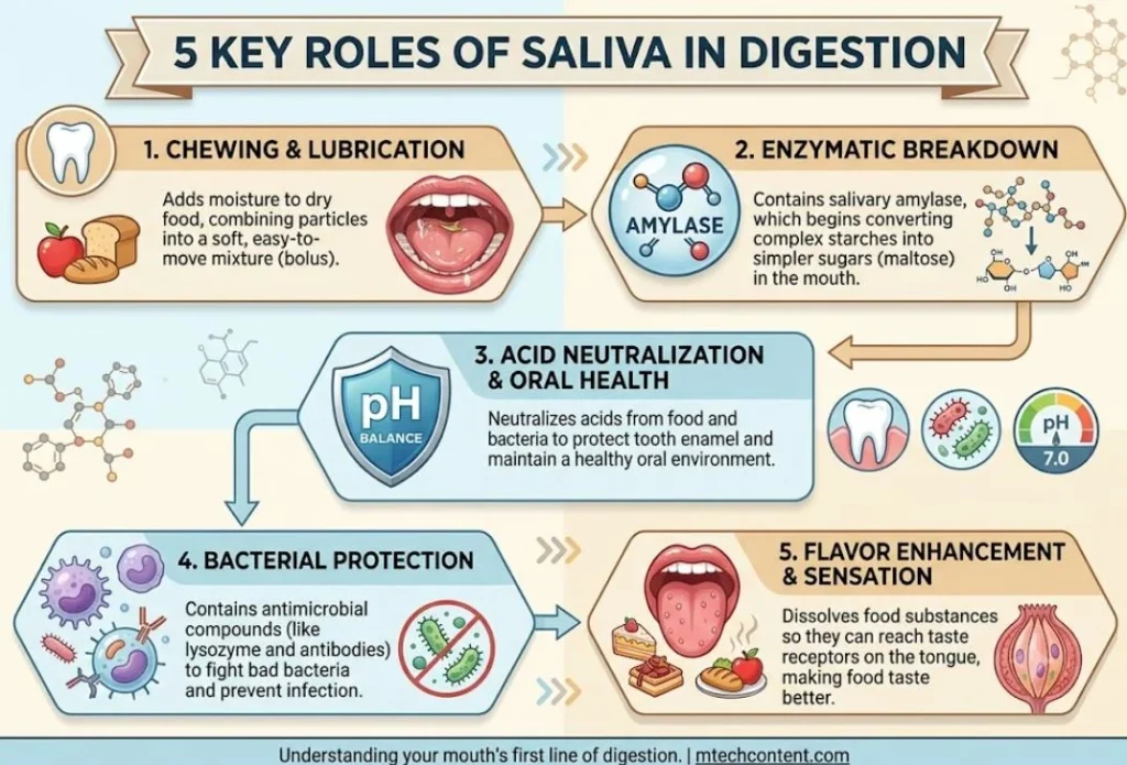 Infographic outlining the 5 key roles of saliva in digestion, including chewing, enzymatic breakdown, acid neutralization, bacterial protection, and flavor enhancement.