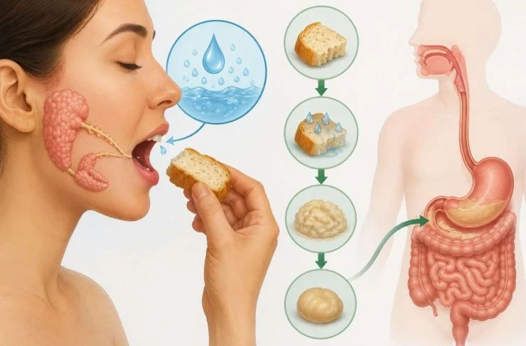 what-is-slaiva An illustration of the human digestive system showing a person eating food and the role of saliva in the mouth.